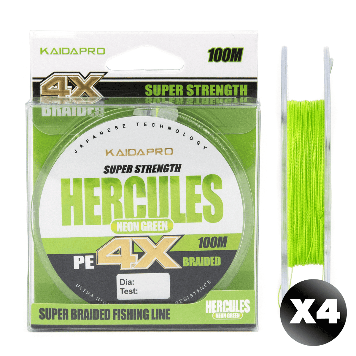 Плетенка HERCULES NEON GREEN 4X Kaida PRO салатовый неон 100м 0,25мм 19,92кг